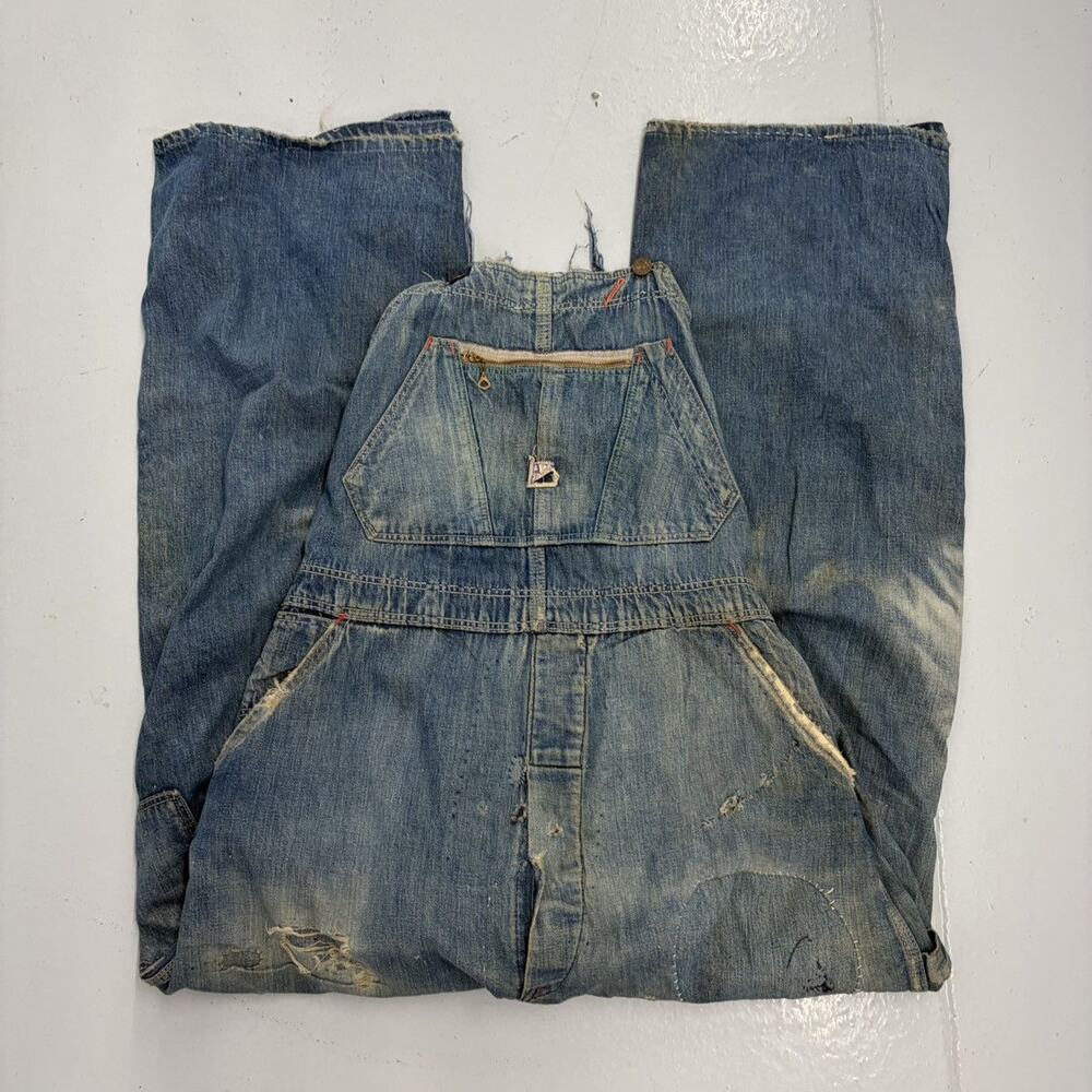 Vintage 50s N&W Blue Denim Distressed Overalls 38x28